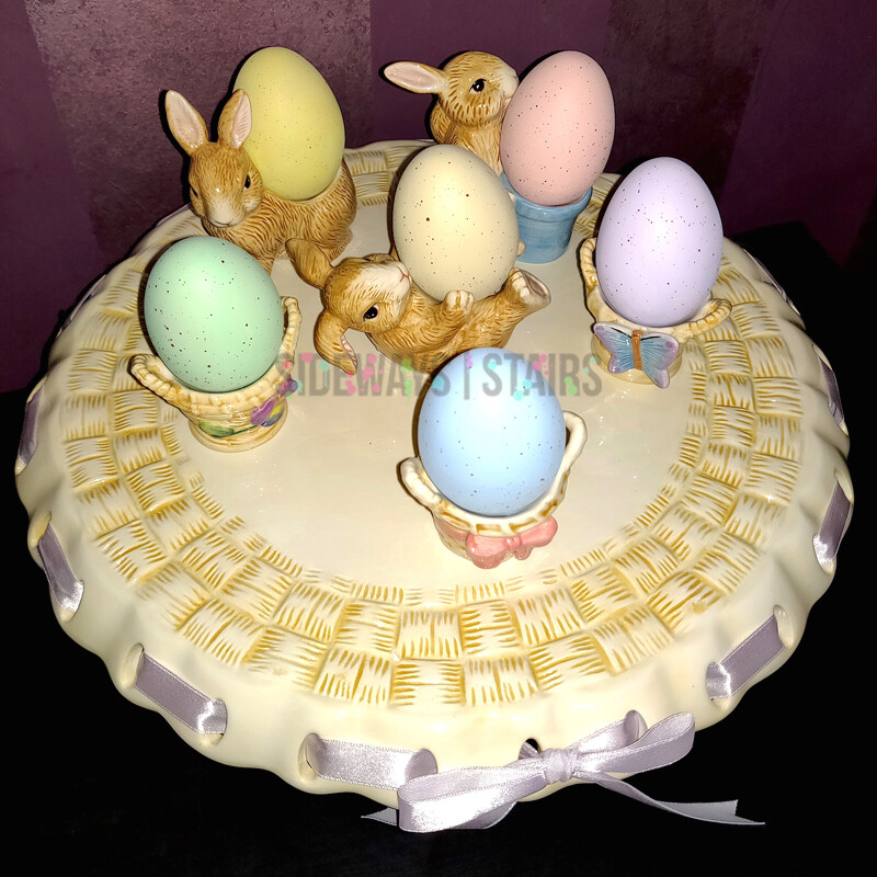 EASTER EGG CERAMIC DISPLAY SET pastel speckled decorative eggs stand Costco  RARE - Main Image