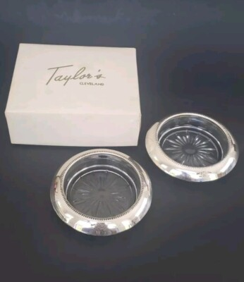 #ad Frank M Whiting amp; Co Sterling Silver Crystal Coasters Pair Starburst Orig Box $24.97