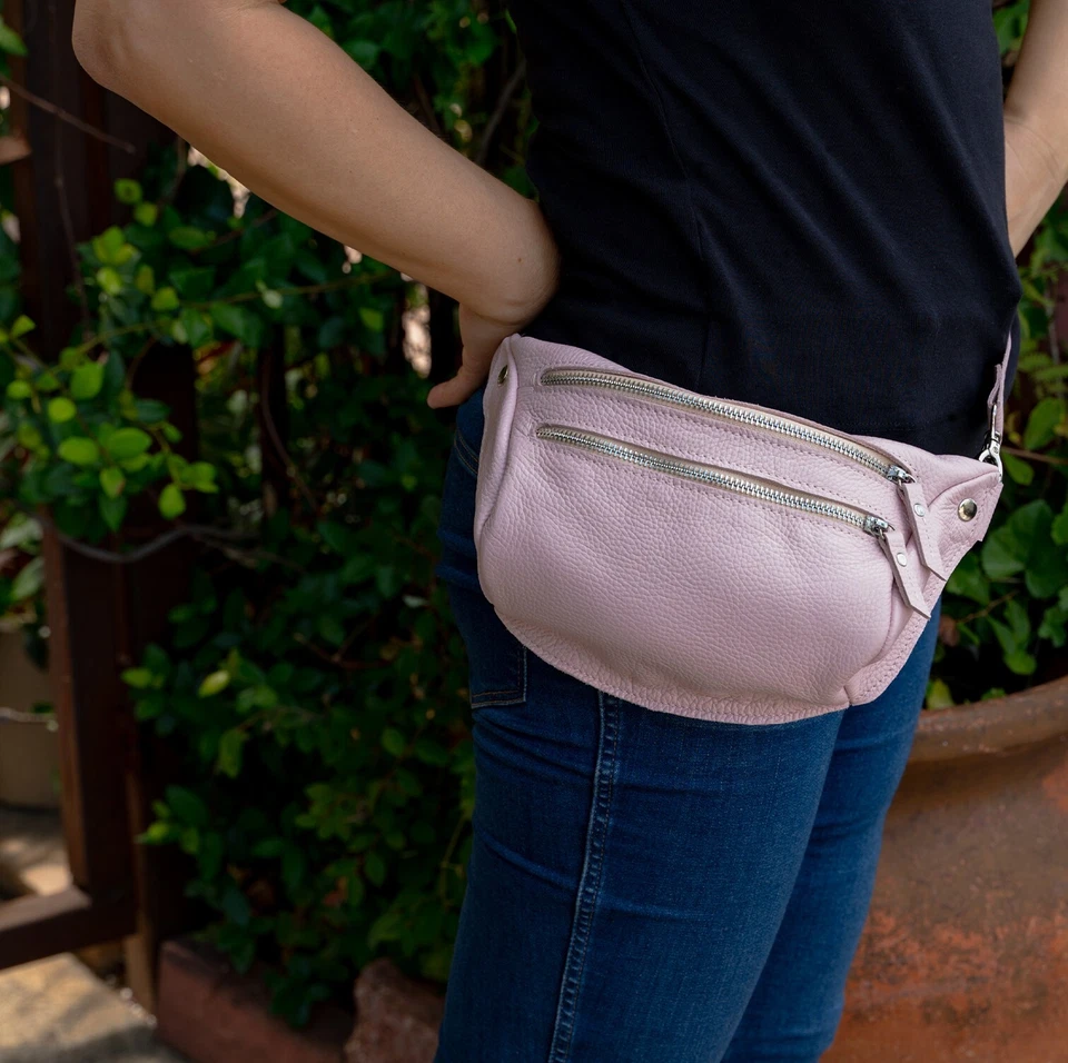Unisex Handmade Leather Fanny Pack Waist Bag Pink Zippered Travel Bumbag Foto 3 de 4