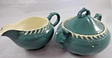 Vintage 1950s HARKER Corinthian Teal Green Cream & Sugar Set Creamer Sugar Lid