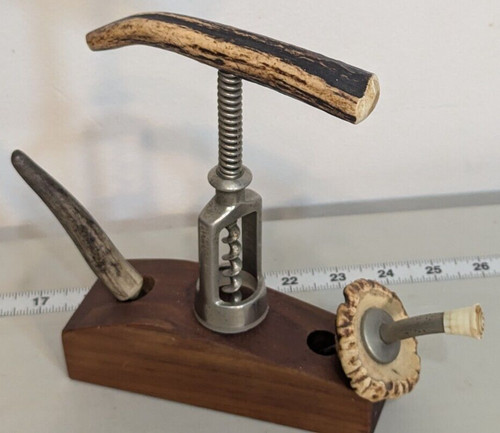 Set Deer Antler Liqueur Pourer Wine & Beer Bottle Cap Cork Opener w Display VTG