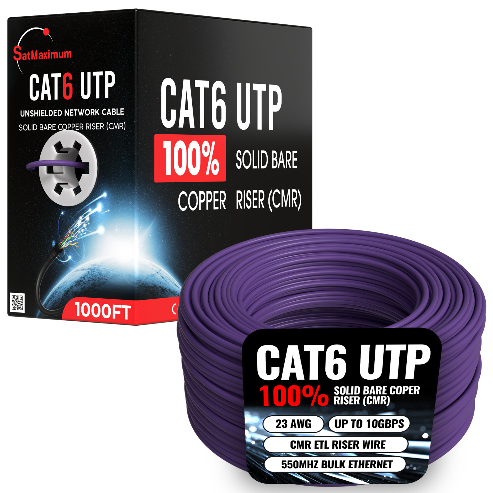 500ft CAT6 CMR ETL Riser Ethernet Cable Solid Bare Copper 23AWG Wire Purple