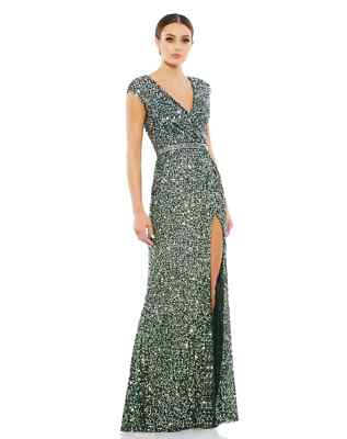 MAC DUGGAL 5489 Forest Green Sequin Beaded High Slit Ruched Maxi Gown Dress 12