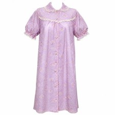 Vintage 1950s Lavender Floral Nylon Robe Lace Trim Button Front Housecoat 18