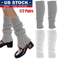 2× Women Wool Leg Warmers Crochet Knit Ribbed Knee High Solid Winter Boot Sock