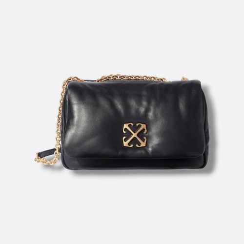 Off-White Women Black Jitney Puffer Leather Chain Shoulder Purse Hand Bag