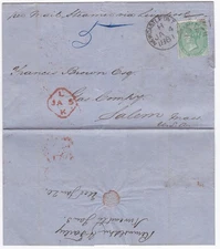 1861 QV 1/- GREEN STAMP ON GB LETTER TO SALEM MASS GAS COMPANY PER MAIL STEAMER