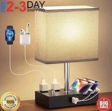 Fully Dimmable Table Lamp Bedside Lamp with 2 USB Ports 2 Outlets 2 Phone Stands