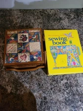 Vintage Wicker Sewing Basket Box with Padded Lid and Pin Cushion W/ Sewing Book