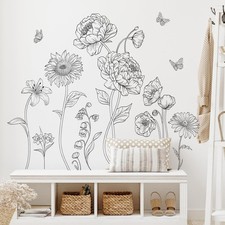 Large Black Flower Wall Decals Peel and Stick, Vinyl Simple Garden Flower Wall