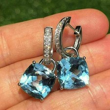 4Ct Cushion Cut Lab-Created Blue Topaz Drop Dangle Earring 14K White Gold Plated
