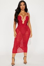 Fashion Nova NWT Red Bandage Ruched Midi Dress Sm Valentine Date Night Bodycon
