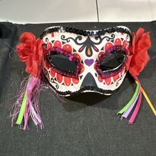 Handmade Mexican Sugar Skull Mask with Flowers  Colorful Ribbons