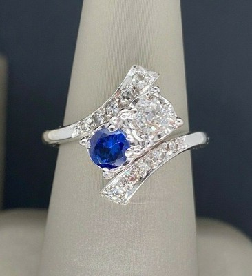 Sapphire Diamond 1+ ctw Toi et Moi bypass 14k white gold WG ring vintage 4.5