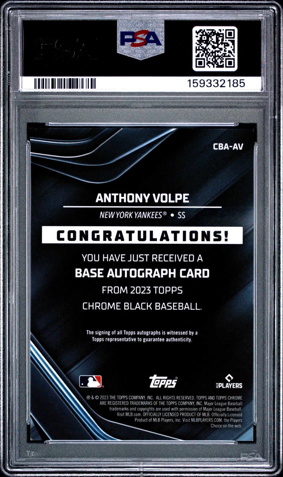 2023 Topps Chrome Black Anthony Volpe Orange Refractor Auto /25 Rookie PSA 9 view 2