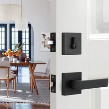 Front Door Lock Set Matte Black Entry Door Handle Sets with Single Cylinder D...