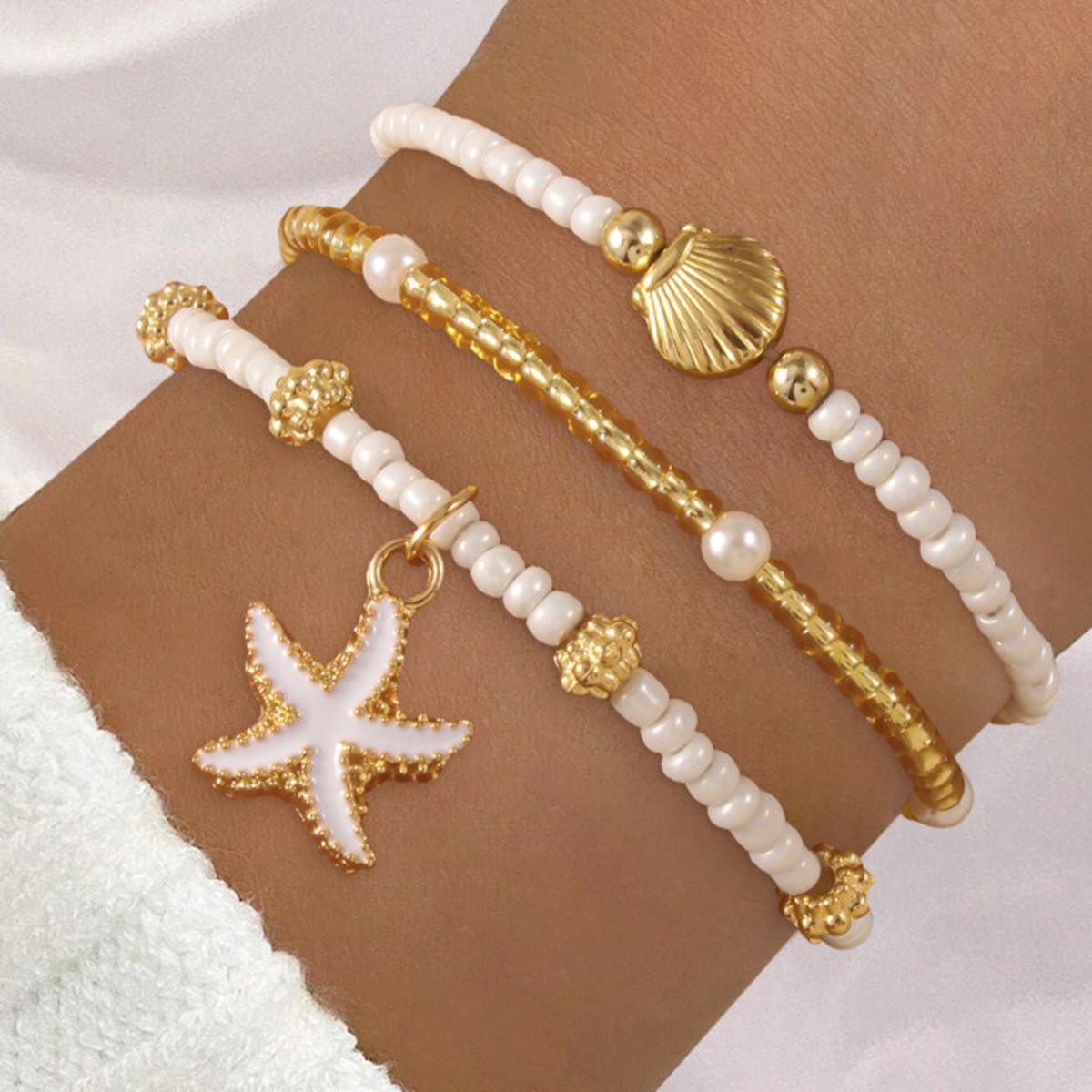 Handmade Starfish & Shell Beaded Bracelet—layered Summer Beach Jewelry