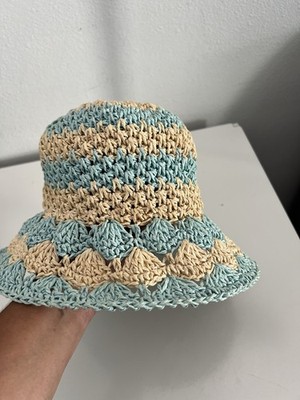 Quiksilver Womens Crochet Bucket Hat Blue Beige Striped Straw Sun Hat One Size
