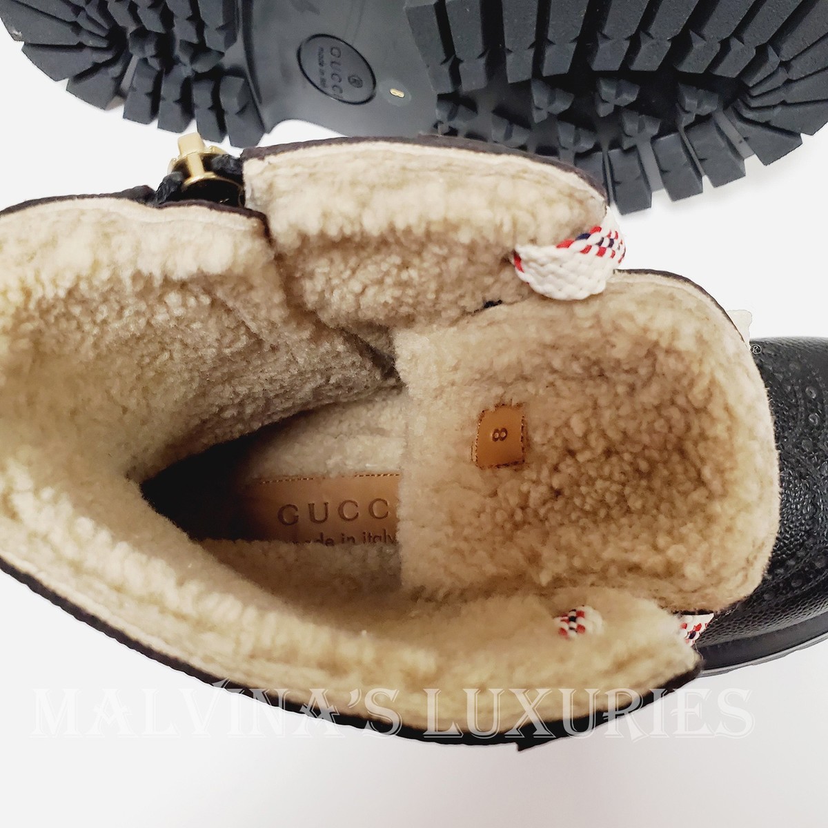 GUCCI BOOTS MENS ARLEY BLACK LEATHER BROGUE LACE-UP REAL SHEARLING
