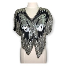 Rare Vintage 1970s Disco Holiday Sequin Butterfly Top 100 Silk S/M Black  Silv