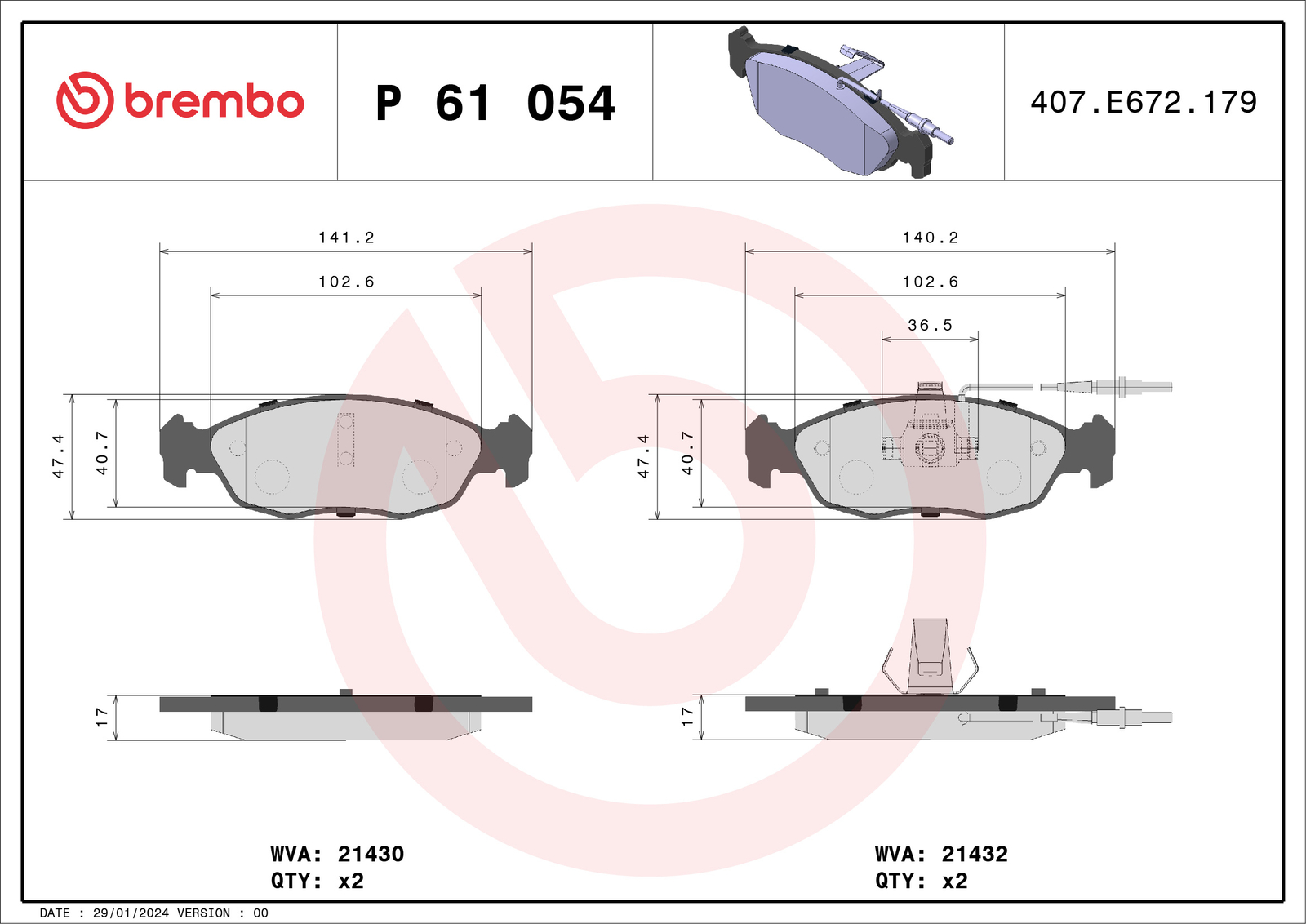 P 61 054 BREMBO Brake Pad Set, disc brake for CITROËN,PEUGEOT