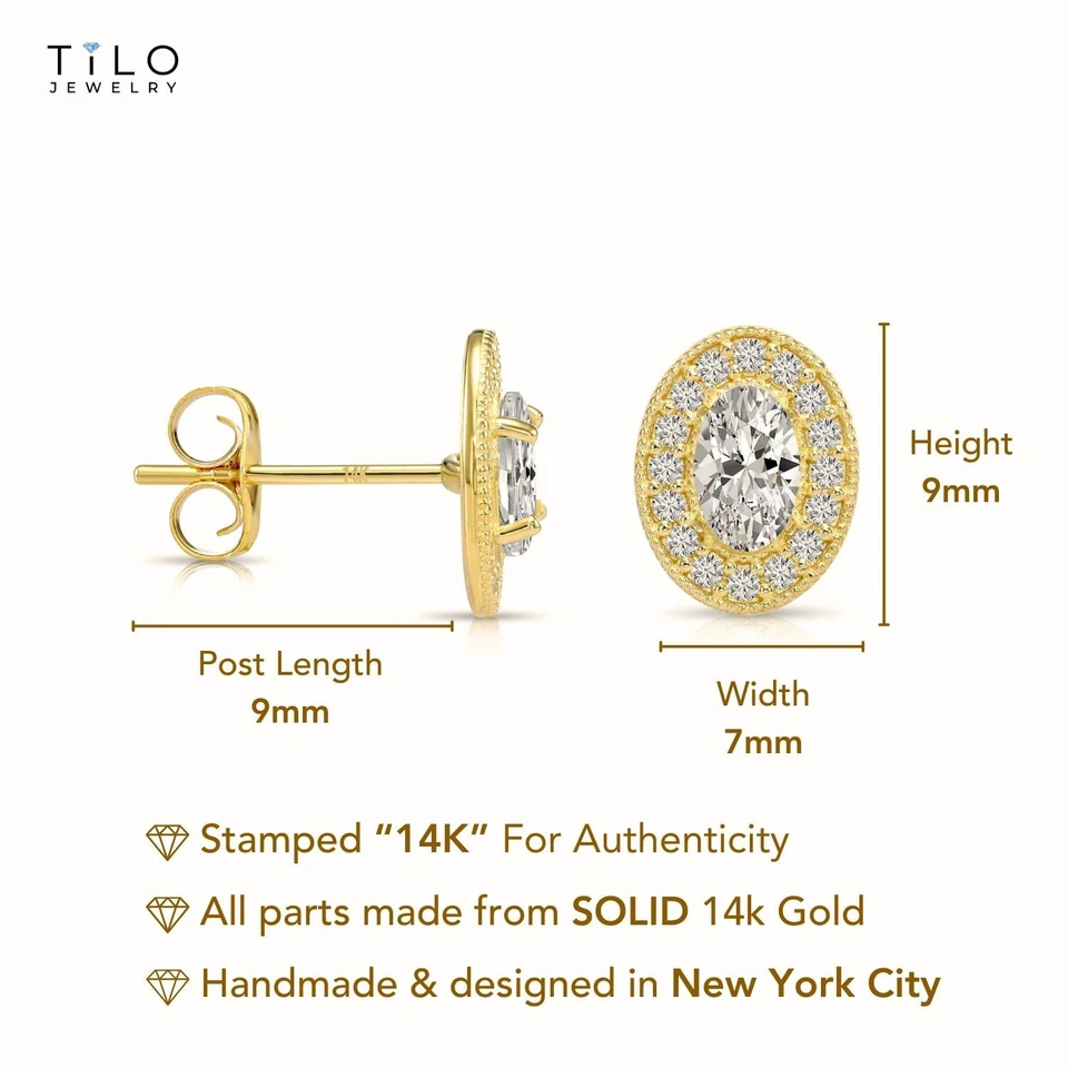 Aretes para dormir de circonita cúbica con halo de forma ovalada de oro amarillo macizo real de 14K Foto 3 de 4