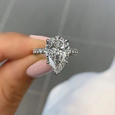 14K White Gold Plated 5 CT Pear Lab-Created Diamond Solitaire Wedding Ring