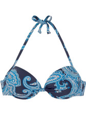 Navy Blue Paisley Print Bikini Top 16 for C cups Underwired Push Up halterneck
