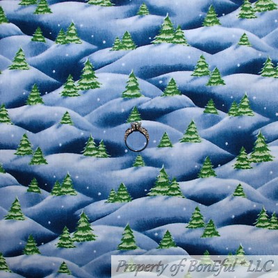 BonEful FABRIC FQ Cotton Quilt Blue Cloud Sky White Snow Scenic Green Xmas Tree