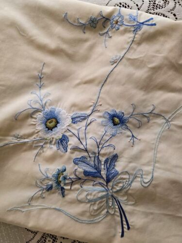 Vintage Beige mit Blau Hand Bestickt Blumen Oval Tischdecke 64"× 82" - Bild 12 von 13