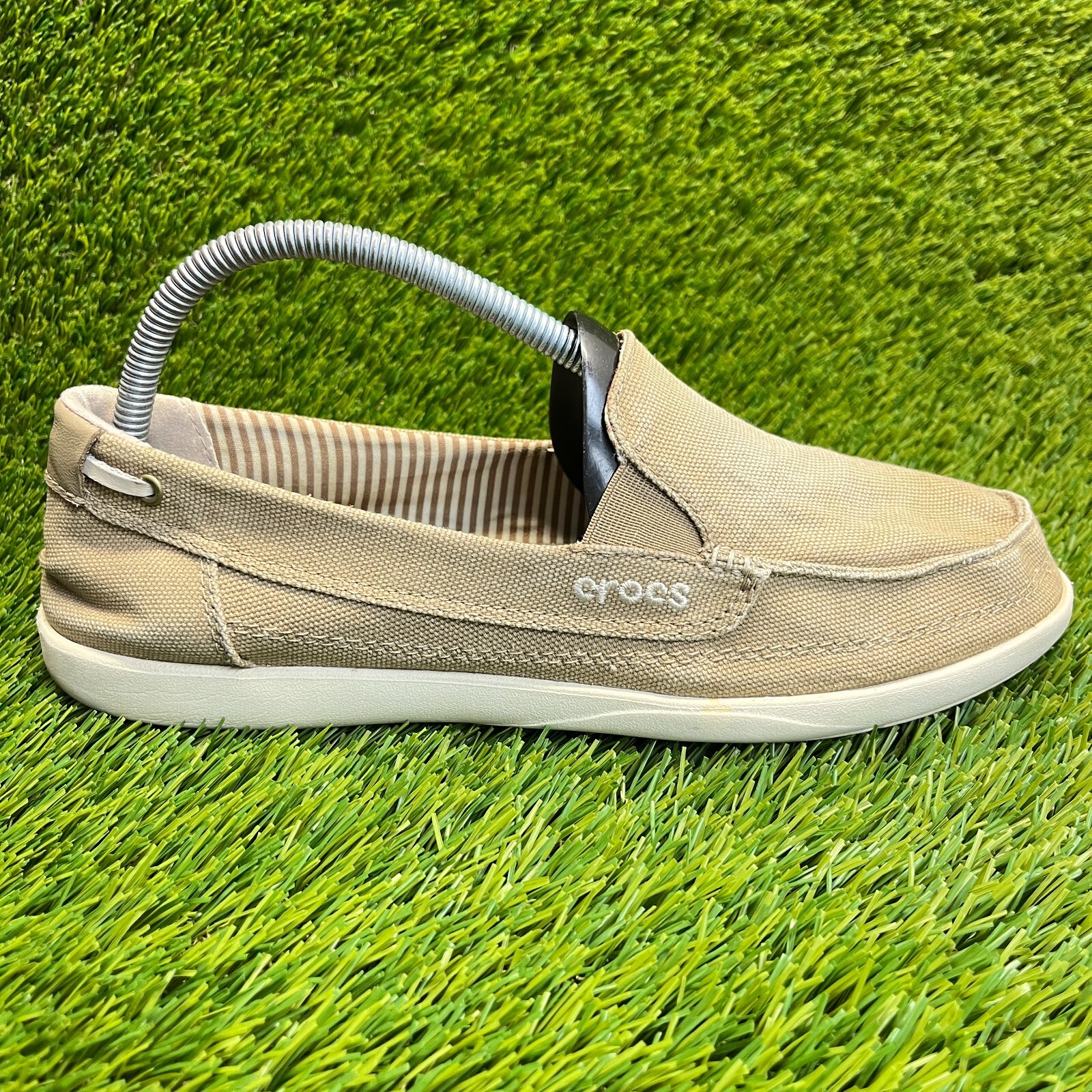 Crocs Walu Womens Size 10 Tan Beige Canvas Slip-On Loafers for Casual Walking-image