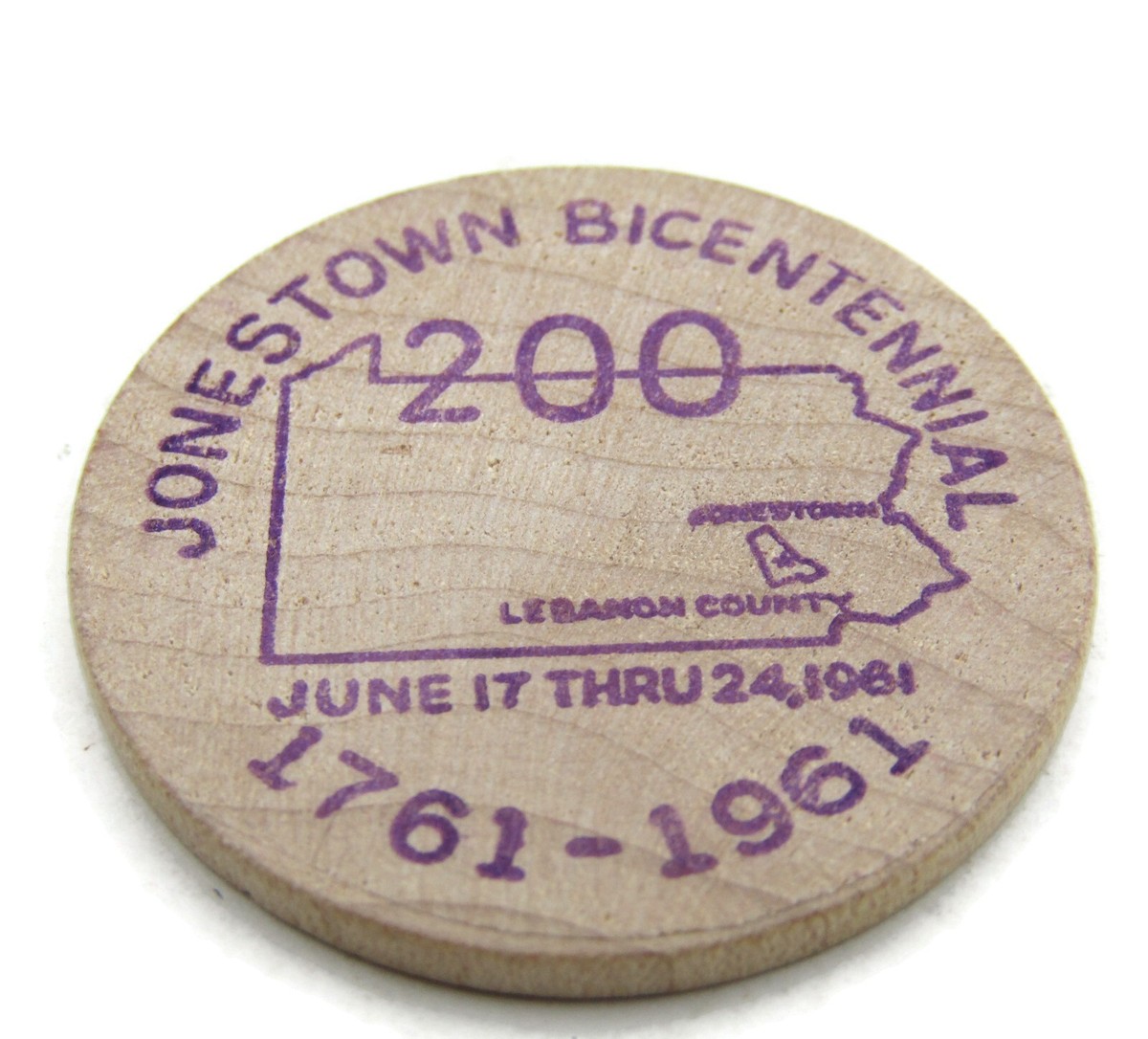 ハンドメイドリング1968 Jonestown PA Bicentennial 1961 Wooden Nickel Purple Ink | eBay