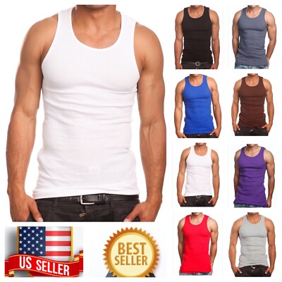 Men S-5XL 100% Cotton Tank Top T-Shirt A-Shirt Muscle Ribbed Wife Beater Tee Gym