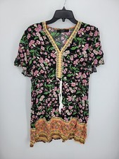 Leani Dress Womens Large Black Floral Border Print Scoop Neck Tassel Tie Boho