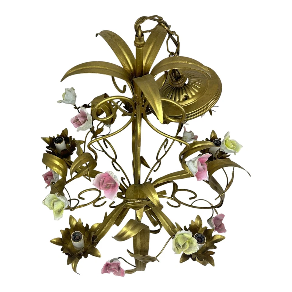 Candelabro vintage francês metal dourado porcelana rosas - Imagem 2 de 4