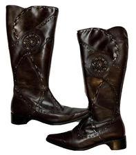 Mitica Dark Brown Studded Embellished Leather Cowboy Boots Size EU 41 US 9.5