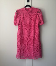Pink Lace Crochet Puff Sleeve Mini Dress Mock Neck Lined Zip Closure Size M