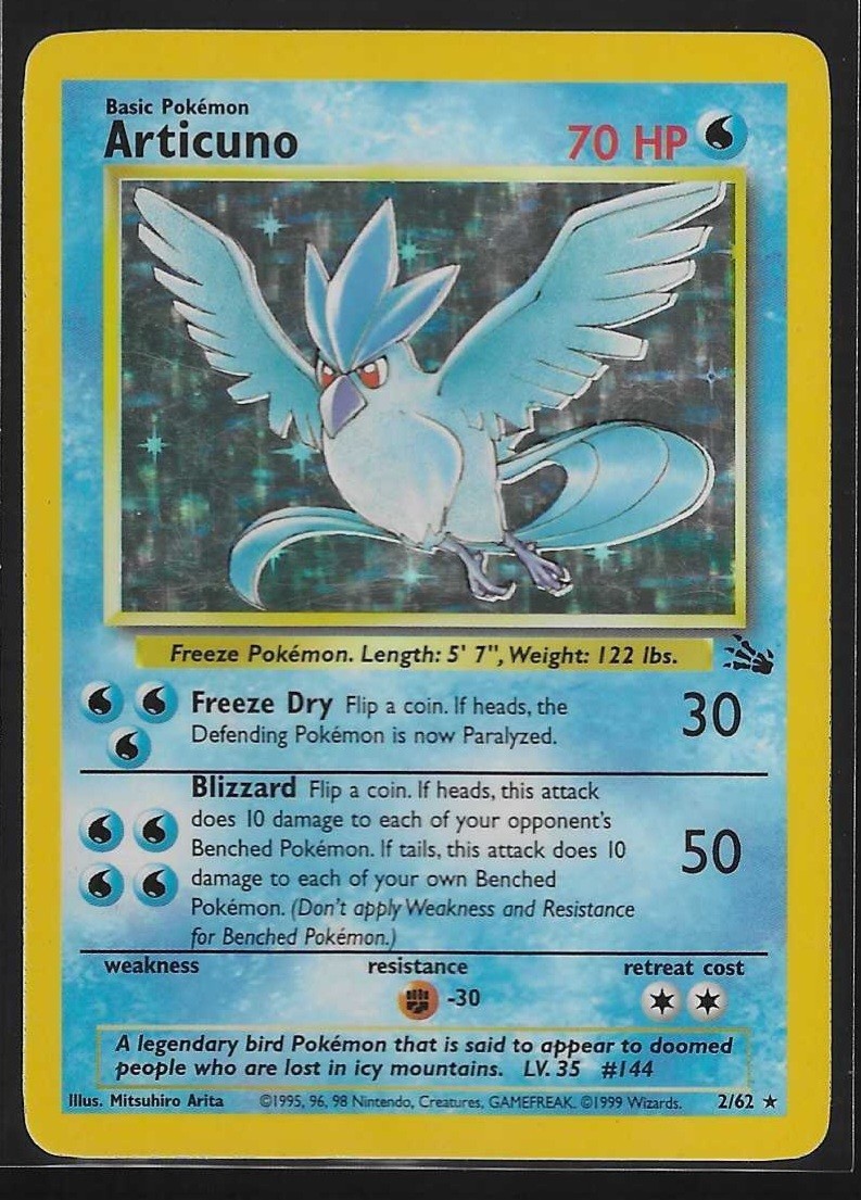 1999 Pokemon Articuno Fossil 2/62 Holo Unlimited Holo Rare LP