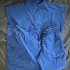 Unisex V-Neck Scrub Set Top  Drawstring Pants w/ Pockets Size S Blue