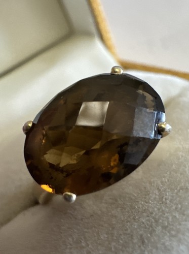 STUNNING Oval Smoky Quartz Gemstone 925 Sterling Silver Gold Plated Ring Size J - Picture 3 of 17