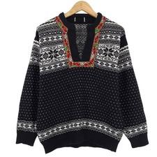 Nordic Vintage Fair Isle V-Neck Pullover Black Wool Long Sleeve, Size M