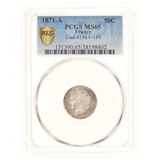 [#906162] Coin, France, Cérès, 50 Centimes, 1871, Paris, PCGS, MS65, MS(65-70), 