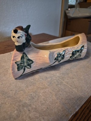 Vintage PIXIE ON LOG Green ceramic Pottery Planter Elf  Tree trunk Planter 