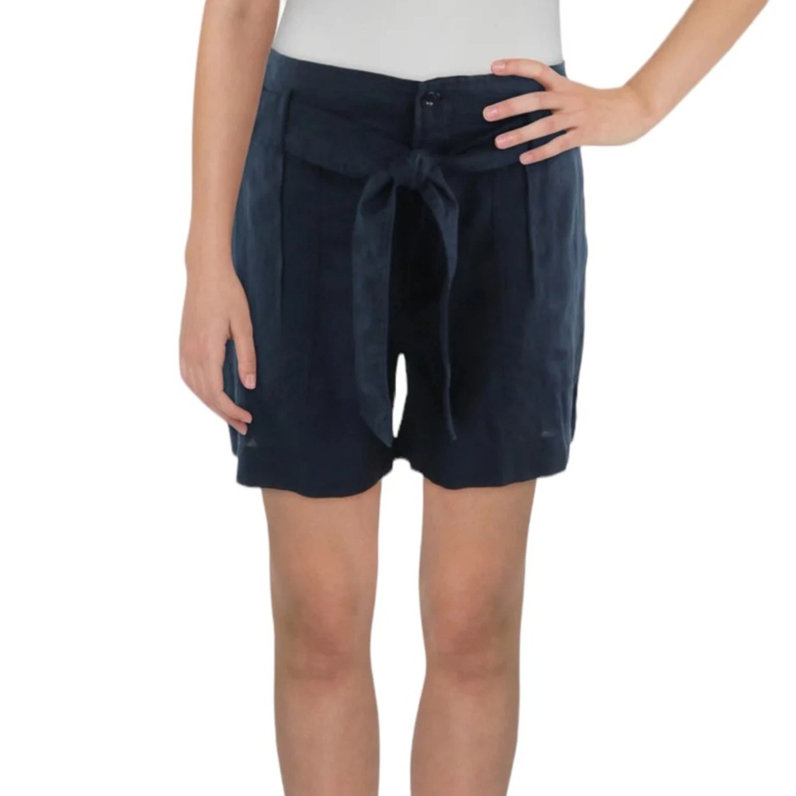 Lauren Ralph Lauren Navy 100% Linen Belted Shorts High Rise New Size 12 Paperbag