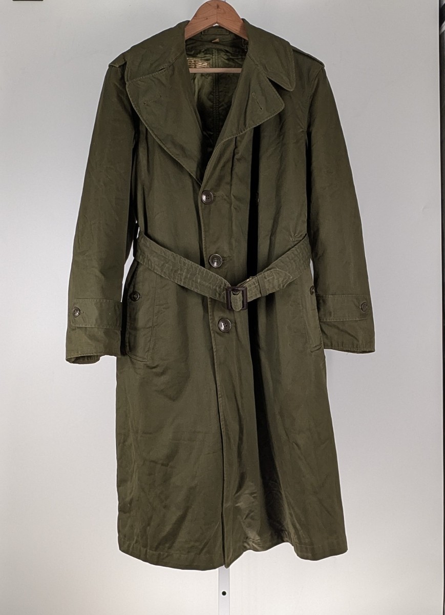 Vintage 1953 US Army OG 107 Cotton Overcoat Trench Coat Belt Wool