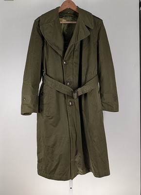 Vintage 1953 US Army OG 107 Cotton Overcoat Trench Coat Belt Wool