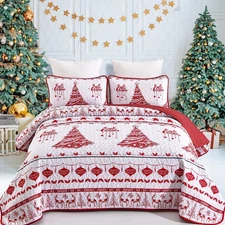 Christmas Tree Elk Quilt Set 3PCs Soft Microfiber Lightweight Quilt Set Bedsp...
