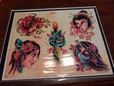 Vintage 90s Y2K Tattoo Flash Print Traditional Japanese Girls