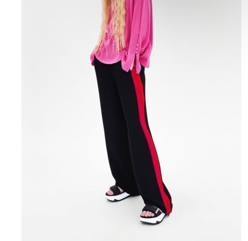 NWOT Zara Wide Leg Black Trousers Pants Pink Red Side Stripe Size XSMALL Womens
