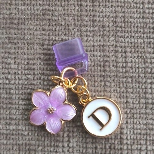 USB Type-C Dust Plug w/ Letter D & Purple Flower Charms Plastic Protector Phone